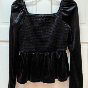 NWT Gap Long Sleeve Black Velvet Smocked Peplum top M